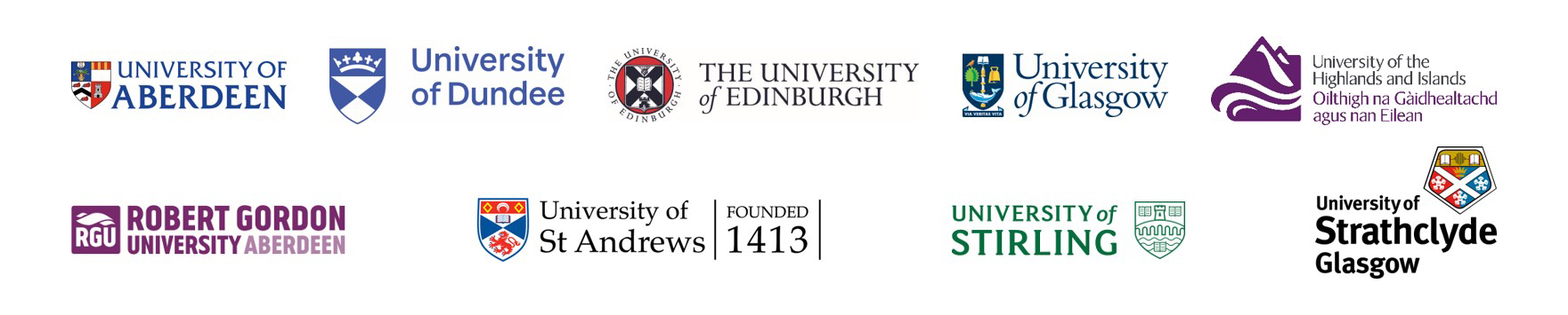 Logos for Universities of Edinburgh, Stirling, Glasgow, Dundee, St Andrews, Highlands and Islands, Robert Gordon, Aberdeen and Strathclyde