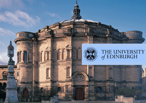 photo of the university of Edinburgh with badge